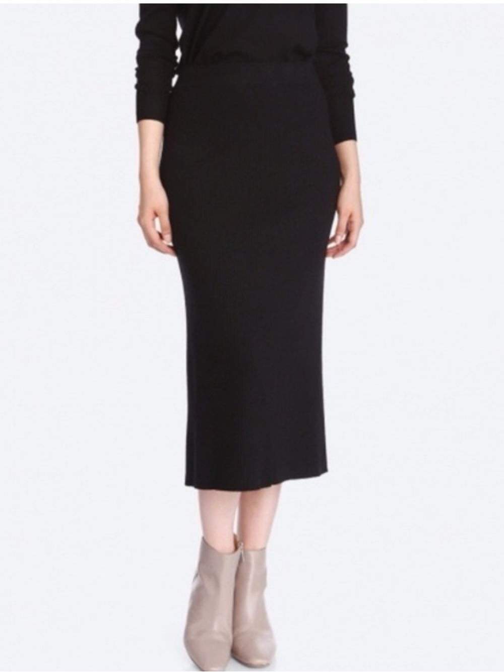Uniqlo Black Midi Smooth Cotton Blend Skirt with Side Slit - Picture 3 of 9